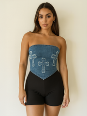Crucifix Embroidered Bandeau Denim Crop Top