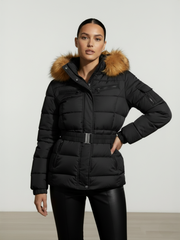 Belted Puffer Coat With Faux Fur Hood Trim