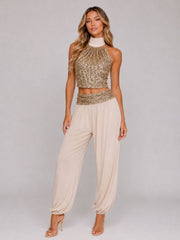 Gold Sequin Halter Top & Wide-Leg Trouser Co-Ord Set