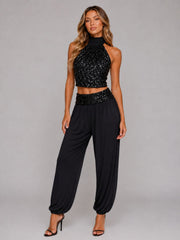 Gold Sequin Halter Top & Wide-Leg Trouser Co-Ord Set