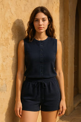 Ribbed Button Through Sleeves Top and Shorts Co-ord