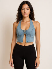 Halter Neck Denim Front Button Crop Top