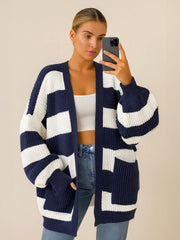 Balloon Sleeves Striped Open Cardigan