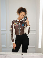 Colour Block Embroidered Vintage PU Biker Jacket