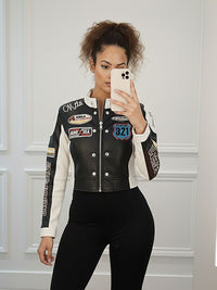 Kleurblok geborduurd vintage PU Biker -jas - Black