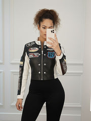 Colour Block Embroidered Vintage PU Biker Jacket