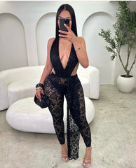 Lace Deep Plunge Halter Neckline Jumpsuit