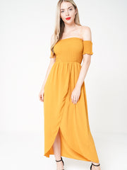 Wrap Front Shirred Maxi Kleid