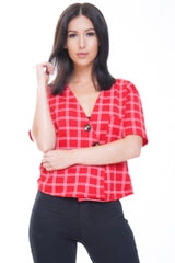 Button Front Grid Check Top