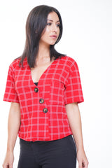 Button Front Grid Check Top