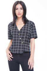 Button Front Grid Check Top