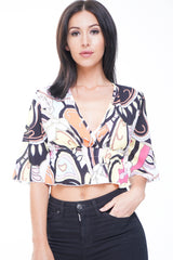 Multi Abstract Print Wrap Front Crop Top