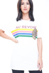 AU REVOIR Slogan Glitter Graphic T-Shirt