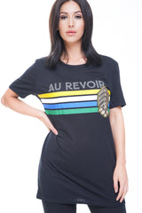 AU REVOIR Slogan Glitter Graphic T-Shirt