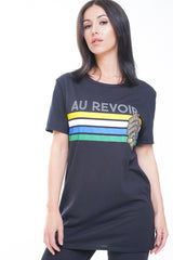 AU REVOIR Slogan Glitter Graphic T-Shirt