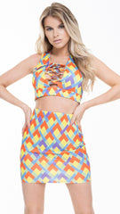 Multi Coloured Print Crop Top And Skirt Co-ord