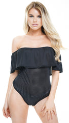 Gestreepte mesh franje bardot bodysuit