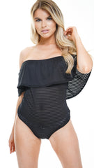 Gestreepte mesh franje bardot bodysuit