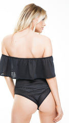 Gestreepte mesh franje bardot bodysuit