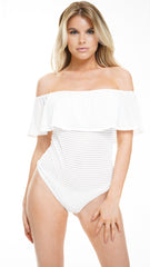 Gestreepte mesh franje bardot bodysuit