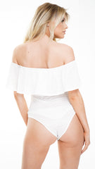 Gestreepte mesh franje bardot bodysuit