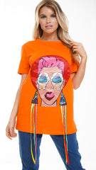 Camiseta Longline Applique Girl Face con boras
