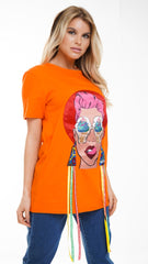 Camiseta Longline Applique Girl Face con boras