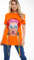 Camiseta Longline Applique Girl Face con boras