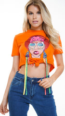 Applique Girl Face Crop Top With Tassels