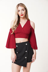 Wrap Front Cold Shoulder Crop Top