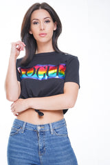 Rainbow Foil VOGUE Print Crop Top