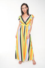 Wrap Front Rainbow Stripe Maxi Dress
