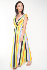 Wrap Front Rainbow Stripe Maxi Dress