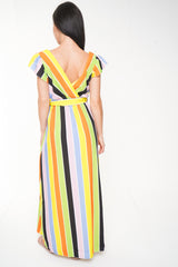 Wrap Front Rainbow Stripe Maxi Dress