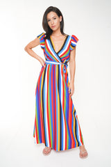 Wrap Front Rainbow Stripe Maxi Dress
