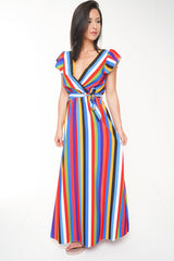Wrap Front Rainbow Stripe Maxi Dress