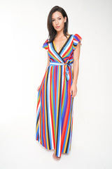 Wrap Front Rainbow Stripe Maxi Dress