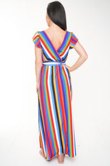 Wrap Front Rainbow Stripe Maxi Dress