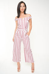 V-Bar Striped Bardot Culotte Jumpsuit