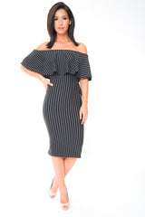 Striped Frill Bardot Midi Dress