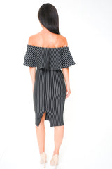 Striped Frill Bardot Midi Dress