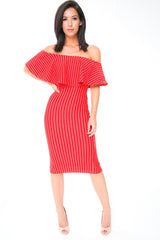 Striped Frill Bardot Midi Dress