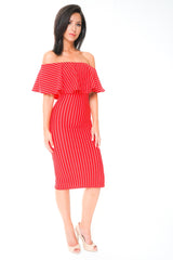 Striped Frill Bardot Midi Dress