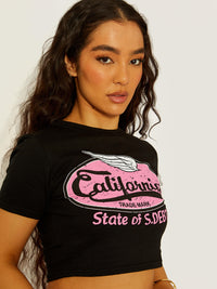California Graphic Print Crop Top - Black