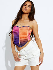 Printed Ruched Mesh Bandeau Corset Crop Top
