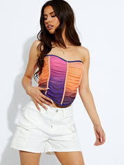 Printed Ruched Mesh Bandeau Corset Crop Top