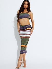 Printed Bandeau Crop Top & Midi Skirt Co-ord - Olive