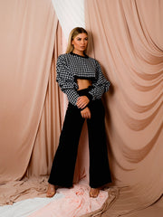 Olivia Hounds-Tooth Cropped Batwing Knitted Jumper