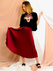 Satin Pleated Midi Skirt