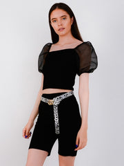 Mesh Sleeve Ribbed Milkmaid Top